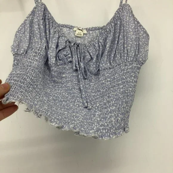 Garage periwinkle blue white floral shirred tie front crop tank top SP - Picture 6 of 13